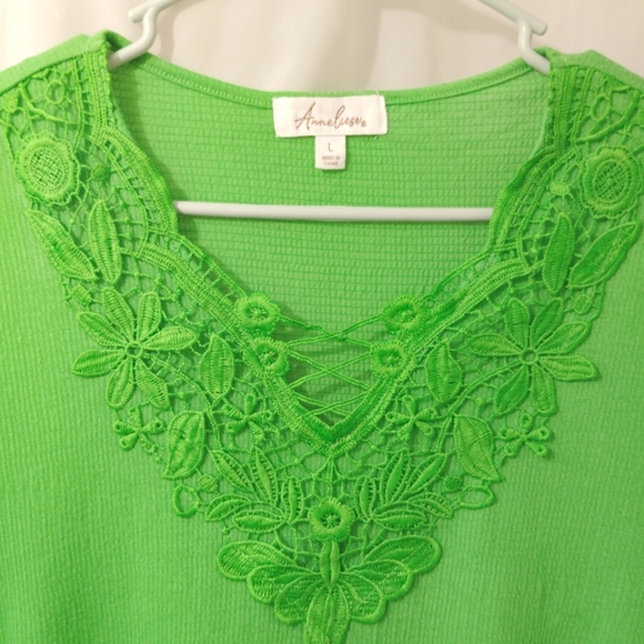 Anneliese Top Crochet Detail Flutter Sleeves Soft Lightweight Tee Green Large - Picture 2 of 12